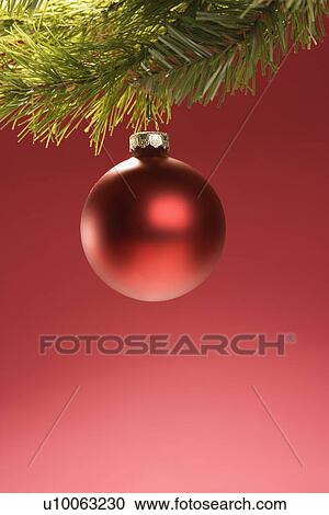 Stock Image - Still life of round red Christmas ornament hanging from pine branch.. Fotosearch