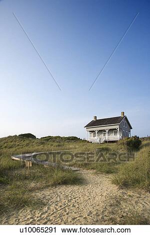 Stock Image - Coastal house with pathway to beach on Bald Head Island, North Carolina.. Fotosearch
