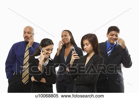 Multi-ethnic business group of men and women standing talking on cell phones. View Large Photo Image Stock Photography - Multi-ethnic business group of men and women standing talking on cell phones.. Fotosearch