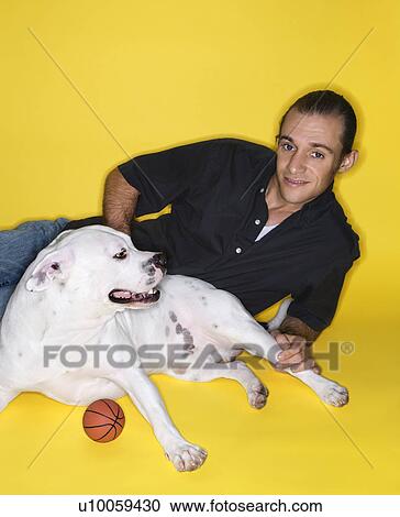Young adult male Caucasian lying with white Pit Bull dog. View Large Photo Image Stock Image - Young adult male Caucasian lying with white Pit Bull dog.. Fotosearch