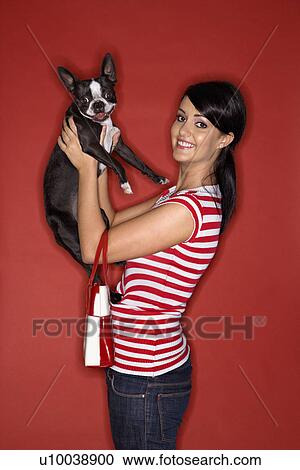 Stock Image - Young adult female Caucasian holding Boston Terrier dog.. Fotosearch