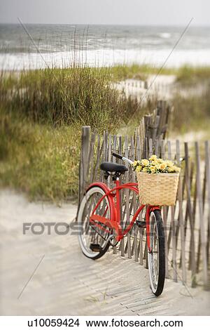 Red vintage bicycle with basket and flowers leaning against wooden fence at beach. View Large Photo Image Picture - Red vintage bicycle with basket and flowers leaning against wooden fence at beach.. Fotosearch