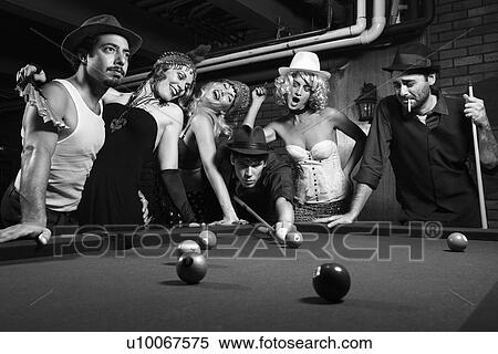 Group of Caucasian prime adult retro males and females trying to distract man as he takes pool shot. View Large Photo Image Stock Photography - Group of Caucasian prime adult retro males and females trying to distract man as he takes pool shot.. Fotosearch