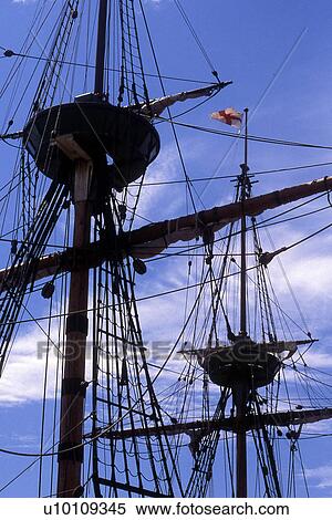 Stock Photography - HMS Victory Portsmouth England UK Mast and rigging detail with flag. Fotosearch