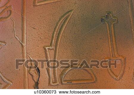 Stock Image - Carving, Close-Up, Damaged, Hieroglyphics. Fotosearch