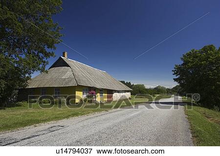 Stock Photo - Blue sky, Day, Dwelling, Flowers, Grass. Fotosearch