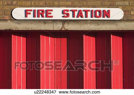 Stock Photo - text, information, close-up, outdoors, signboard, fire station. Fotosearch