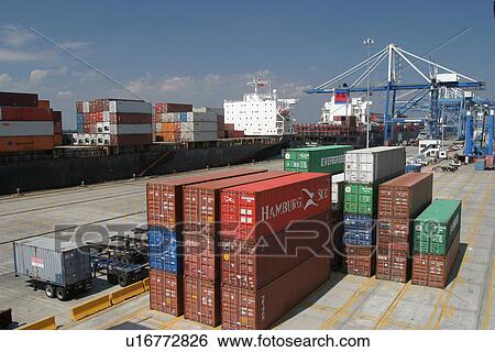 Stock Photograph - harbor, industry, cargo, storage, containers, transportation. Fotosearch