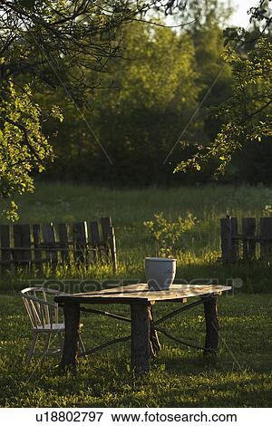 Stock Photo - Trees, Grass, Table, Chair, Greenery. Fotosearch