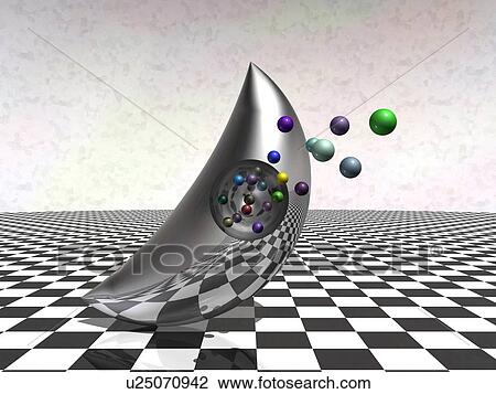 Drops coming out of metal material shaped crescent on black and white checkered floor View Large Illustration Drawing - Drops coming out of metal material shaped crescent on black and white checkered floor. Fotosearch