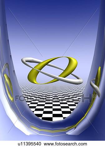 Clipart - Gold and silver rings crossing on black and white checkered floor. Fotosearch