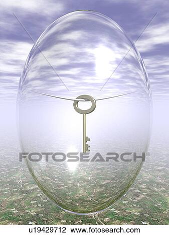Drawing - Hung key inside oval shaped glass. Fotosearch