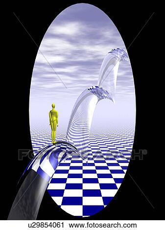 Clip Art - Metallic figure standing on arch bridge to the sky. Fotosearch