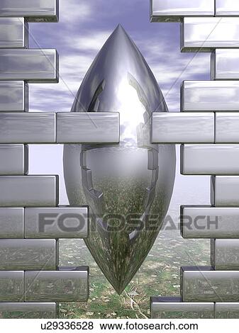 Stock Illustration - Metallic object shaped like rugby ball floating on the other side of wall . Fotosearch