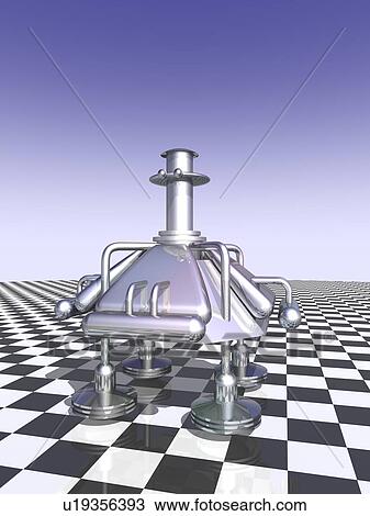 Metallic object with four legs on black and white checkered floor View Large Illustration Drawing - Metallic object with four legs on black and white checkered floor. Fotosearch