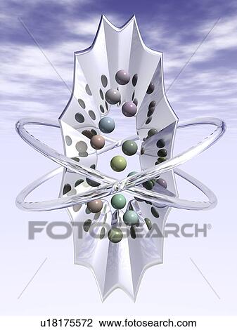 Drawing - Metallic object with hoops of glass and multi colored drops. Fotosearch