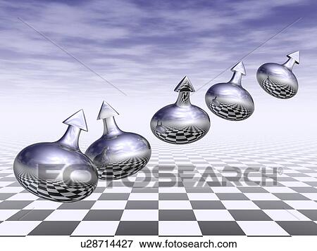 Stock Illustration - Oval shaped balls with arrow floating above black and white checkered floor. Fotosearch
