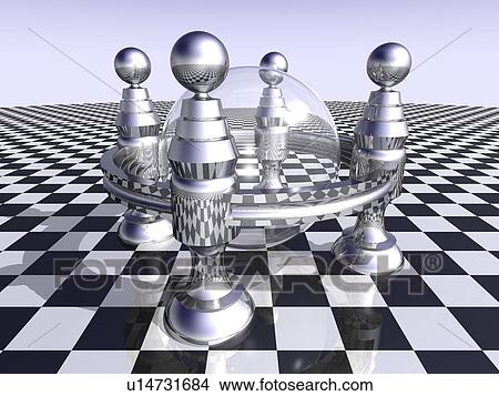 Stock Illustration - Transparent ball inside metallic object on black and white checkered floor. Fotosearch