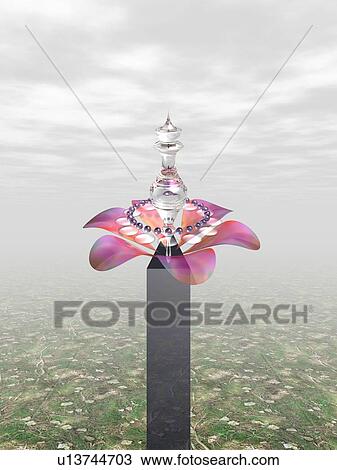 Drawing - Vial and flower on tower. Fotosearch