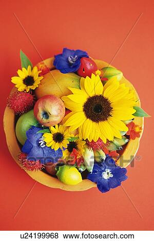 Stock Photo - High Angle Studio Shot of Basketful Flowers and Fruits, . Fotosearch