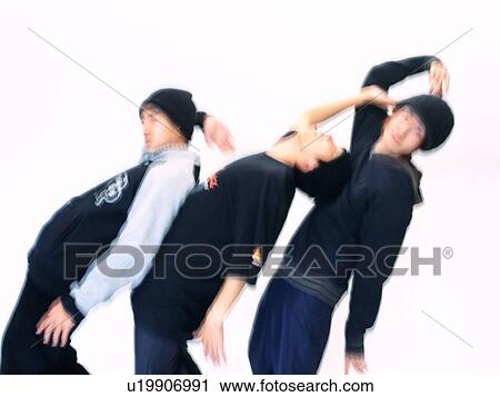 Stock Image - Group of three young adult man dancing, Vignette, Portraint. Fotosearch