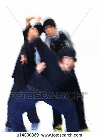Stock Photo - Group of three young adult man dancing, Vignette, Portraint. Fotosearch