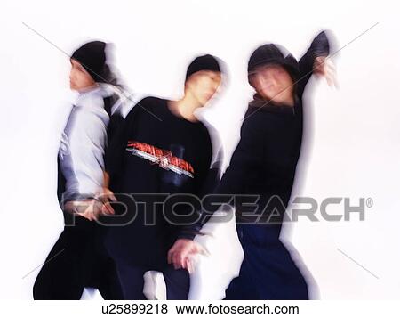 Stock Photo - Group of three young adult man dancing, Vignette, Portraint. Fotosearch