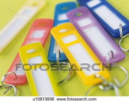Colorful key rings with nameplate View Large Photo Image Stock Photograph - Colorful key rings with nameplate. Fotosearch