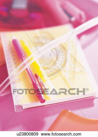 Pens and protractors on notebook View Large Photo Image Stock Photo - Pens and protractors on notebook. Fotosearch