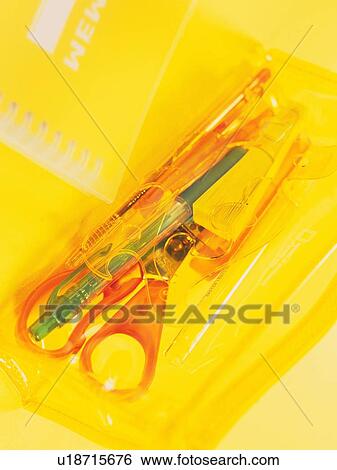 Stationeries in yellow plastic pen case View Large Photo Image Stock Photograph - Stationeries in yellow plastic pen case. Fotosearch