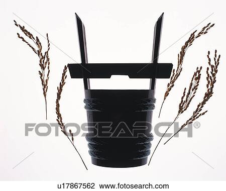 Stock Image - Japanese bucket for Sake and rice plants, front view, white background. Fotosearch