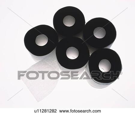 Stock Image - Silhouette of rolls of toilet paper, high angle view, white background. Fotosearch