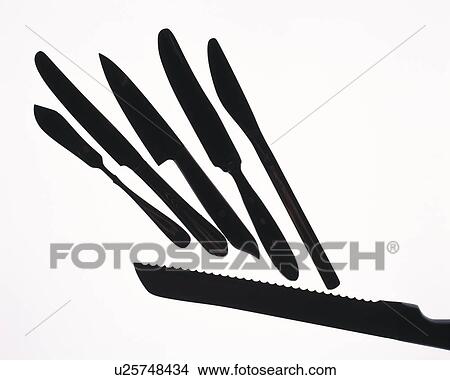 Picture - Silhouette of six various kitchen knife, high angle view, white background. Fotosearch