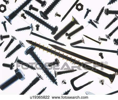 Stock Image - Various screws, nails and nuts, high angle view, white background. Fotosearch