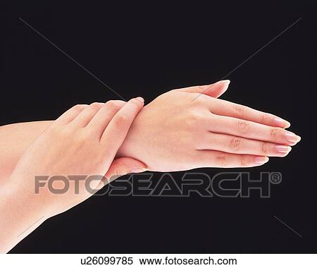 Stock Photography - Hands of two women, one clasping wrist of the other. Fotosearch