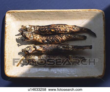 Stock Photo - Grilled sardines on rectangular plate. Fotosearch