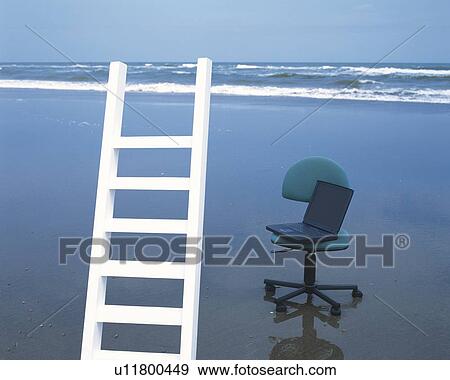 Image of a Laptop on an Office Chair at the Beach, With a White-colored Ladder in the Foreground, High Angle View View Large Photo Image Stock Photo - Image of a Laptop on an Office Chair at the Beach, With a White-colored Ladder in the Foreground, High Angle View. Fotosearch