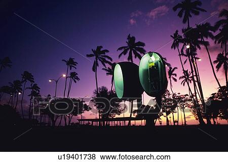 Evening Beach, Palm Trees and Public Telephones, Low Angle View View Large Photo Image Stock Photo - Evening Beach, Palm Trees and Public Telephones, Low Angle View. Fotosearch