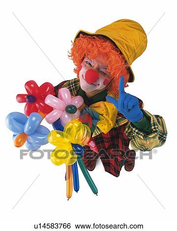 High Angle View of Clown Holding Flowers of Balloon, Portrait View Large Photo Image Stock Photograph - High Angle View of Clown Holding Flowers of Balloon, Portrait. Fotosearch