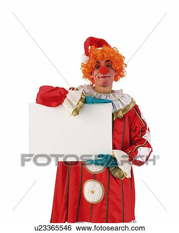 Stock Photograph - Portrait of Clown Holding White Board, Front View. Fotosearch