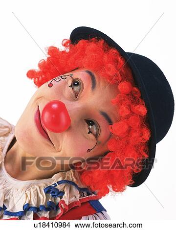 Picture - Portrait of Clown Posing, Looking Up, Front View . Fotosearch