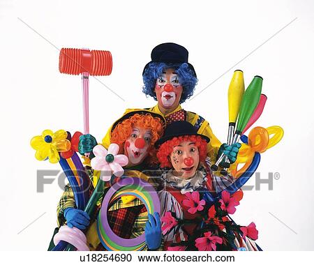 Portrait of Clowns Holding Flowers of Balloon, Paper Rings, Clubs and Hammer, Front View View Large Photo Image Stock Image - Portrait of Clowns Holding Flowers of Balloon, Paper Rings, Clubs and Hammer, Front View . Fotosearch