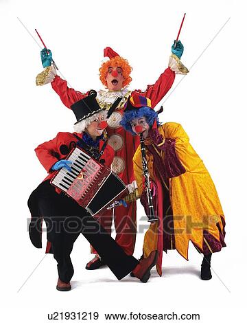 Stock Photo - Portrait of Clowns Plying Clarinet, Accordion, Front View . Fotosearch
