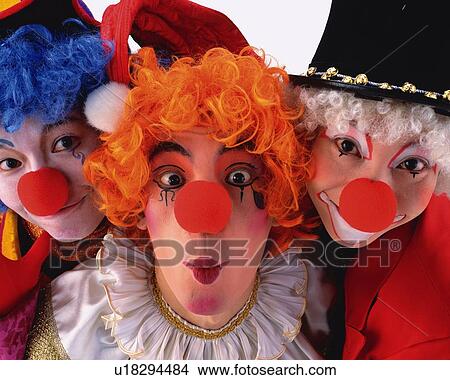 Picture - Portrait of Clowns Posing, Front View, Close Up . Fotosearch