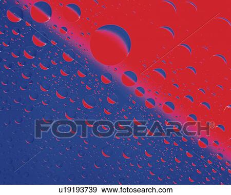 Stock Photo - Dew on the Red and Blue Surface, Close Up, Differential Focus, In Focus, Out Focus. Fotosearch