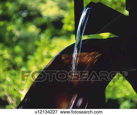 Stock Photo - Water Coming down on the Flutter Wheel, Close Up, Low Angle View, Differential Focus, In Focus, Out Focus,. Fotosearch