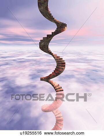 Stock Illustration - Circular Staircase and Sky, CG, 3D. Fotosearch
