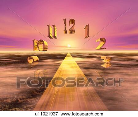 Clock and Road, CG, 3D View Large Illustration Stock Illustration - Clock and Road, CG, 3D. Fotosearch