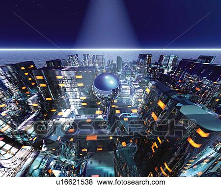 Stock Illustration - Future City and Sphere, CG, 3D, High Angle View. Fotosearch