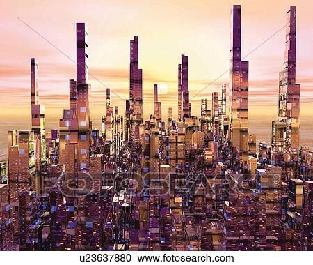 Clipart - Future City, CG, 3D. Fotosearch